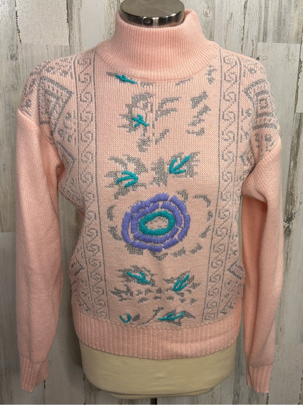 Adell Barre Vintage 80’s Pink Embroidered Mock Neck Sweaterwith Metallic Silver